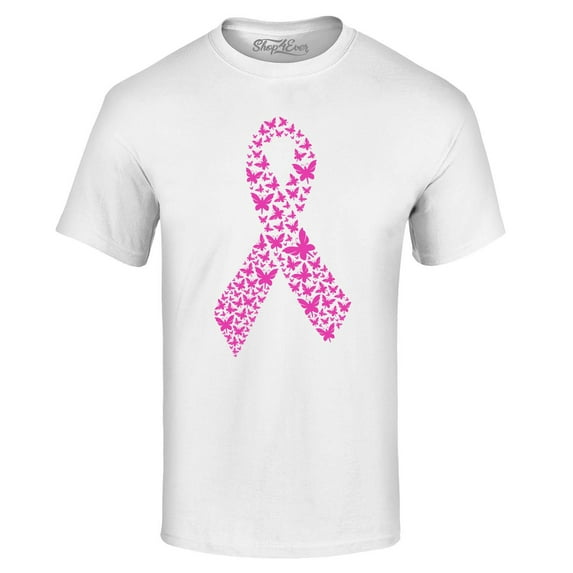 Shop4Ever Men's Pink Butterfly Ribbon Breast Cancer Awareness Graphic T-shirt Large White