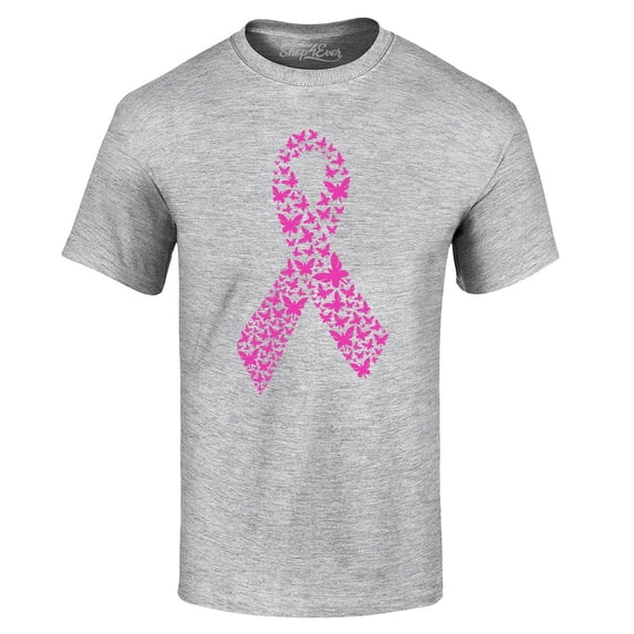 Shop4Ever Men's Pink Butterfly Ribbon Breast Cancer Awareness Graphic T-shirt Medium Sports Grey