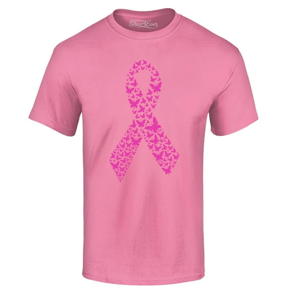 Shop4Ever Men's Pink Butterfly Ribbon Breast Cancer Awareness Graphic T-shirt XX-Large Azalea Pink