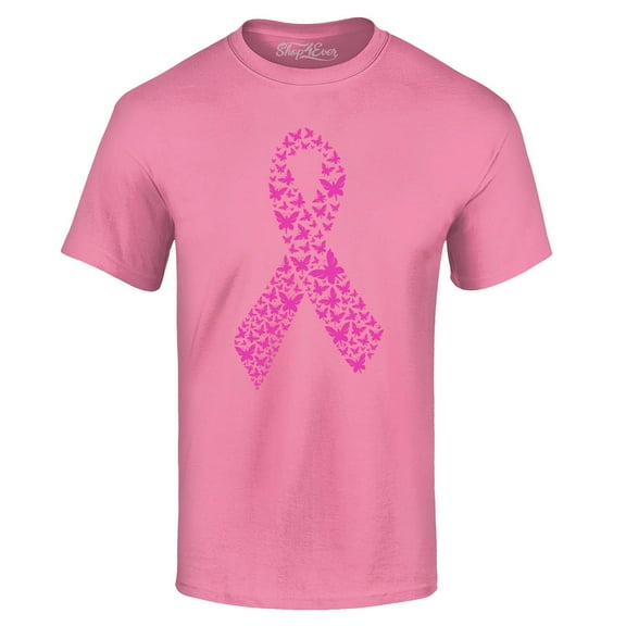 Shop4Ever Men's Pink Butterfly Ribbon Breast Cancer Awareness Graphic T-shirt XXX-Large Azalea Pink