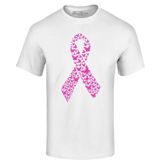 Shop4Ever Men's Pink Butterfly Ribbon Breast Cancer Awareness Graphic T-shirt XXX-Large White