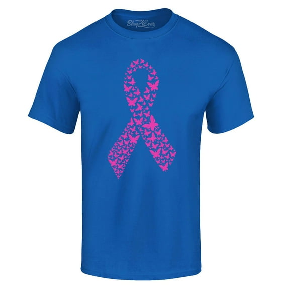 Shop4Ever Men's Pink Butterfly Ribbon Breast Cancer Awareness Graphic T-shirt XXXX-Large Royal Blue