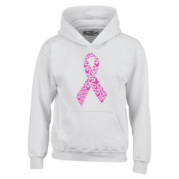 Shop4Ever Men's Pink Butterfly Ribbon Breast Cancer Awareness Hooded Sweatshirt Hoodie Small White