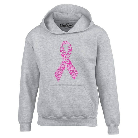 Shop4Ever Men's Pink Butterfly Ribbon Breast Cancer Awareness Hooded Sweatshirt Hoodie X-Large Sports Grey