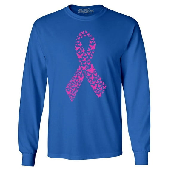 Shop4Ever Men's Pink Butterfly Ribbon Breast Cancer Awareness Long Sleeve Shirt Large Royal Blue