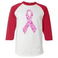 thumbnail image 1 of Shop4Ever Men's Pink Butterfly Ribbon Breast Cancer Awareness Raglan Baseball Shirt Large White/Red, 1 of 5