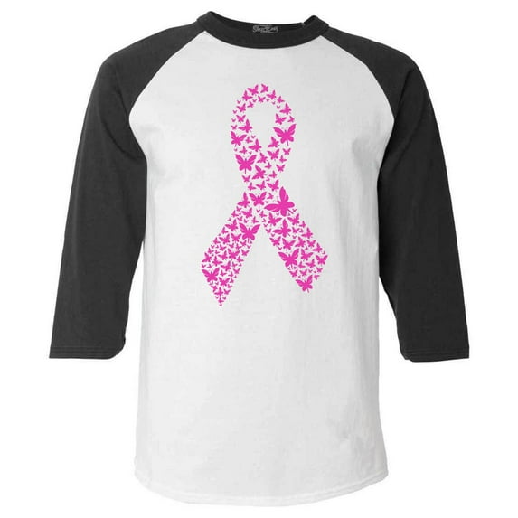 Shop4Ever Men's Pink Butterfly Ribbon Breast Cancer Awareness Raglan Baseball Shirt Small White/Black