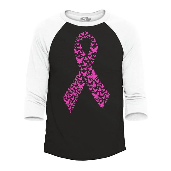 Shop4Ever Men's Pink Butterfly Ribbon Breast Cancer Awareness Raglan Baseball Shirt X-Small Black/White