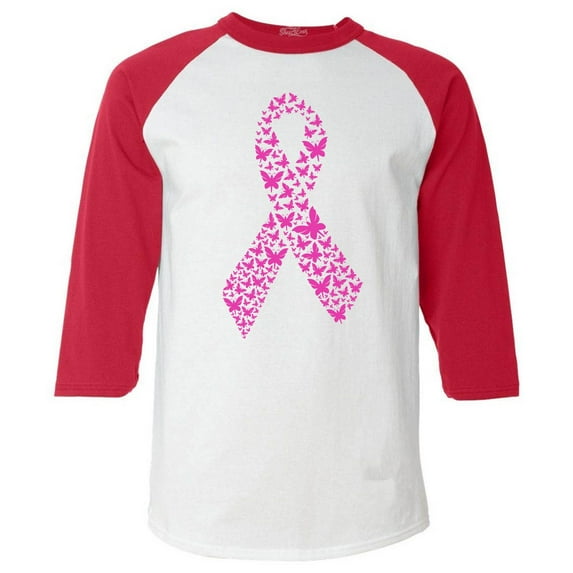 Shop4Ever Men's Pink Butterfly Ribbon Breast Cancer Awareness Raglan Baseball Shirt X-Small White/Red