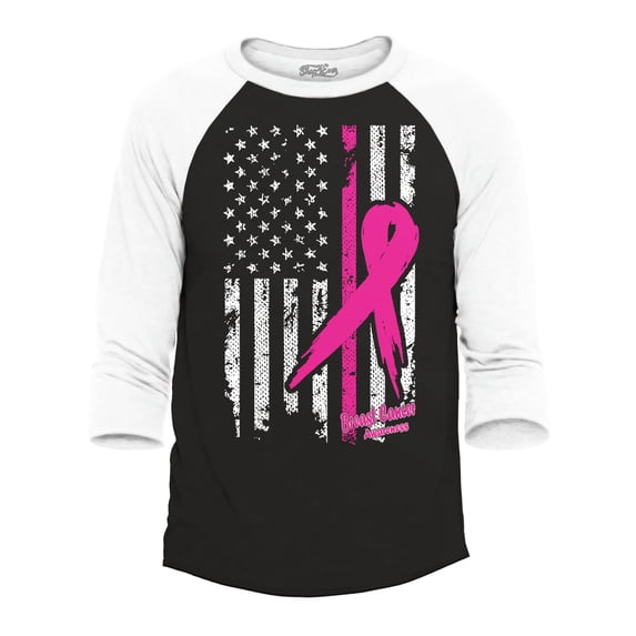 Shop4Ever Men's Pink Ribbon American Flag Breast Cancer Awareness Raglan Baseball Shirt Large Black/White
