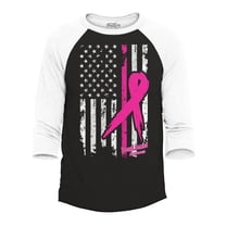 Shop4Ever Men's Pink Ribbon American Flag Breast Cancer Awareness Raglan Baseball Shirt XXX-Large Black/White