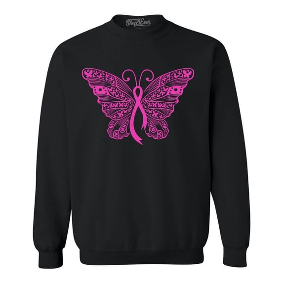 Shop4Ever Men's Pink Ribbon Butterfly Breast Cancer Awareness Crewneck Sweatshirt X-Large Black