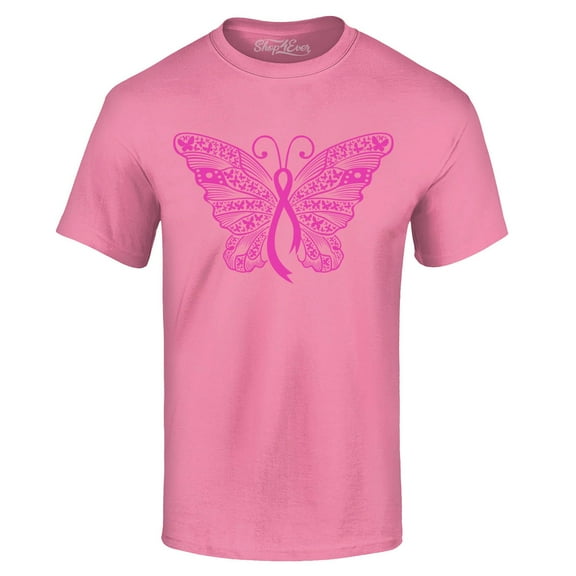 Shop4Ever Men's Pink Ribbon Butterfly Breast Cancer Awareness Graphic T-shirt Large Azalea Pink