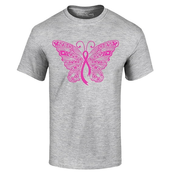 Shop4Ever Men's Pink Ribbon Butterfly Breast Cancer Awareness Graphic T-shirt Small Sports Grey