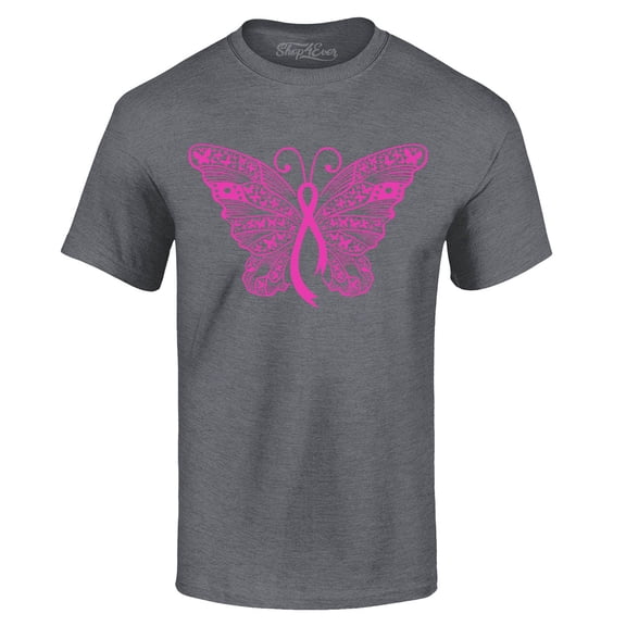 Shop4Ever Men's Pink Ribbon Butterfly Breast Cancer Awareness Graphic T-shirt X-Large Dark Heather