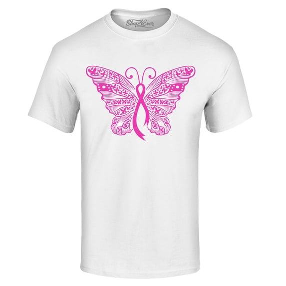 Shop4Ever Men's Pink Ribbon Butterfly Breast Cancer Awareness Graphic T-shirt X-Large White