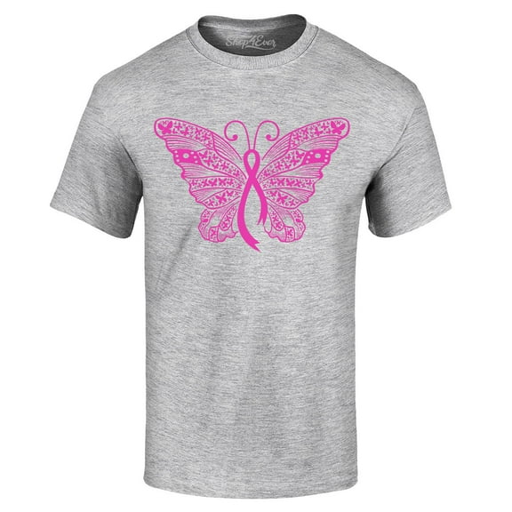 Shop4Ever Men's Pink Ribbon Butterfly Breast Cancer Awareness Graphic T-shirt XXXX-Large Sports Grey