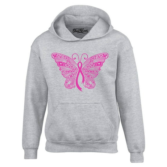 Shop4Ever Men's Pink Ribbon Butterfly Breast Cancer Awareness Hooded Sweatshirt Hoodie Large Sports Grey