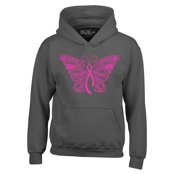 Shop4Ever Men's Pink Ribbon Butterfly Breast Cancer Awareness Hooded Sweatshirt Hoodie Medium Charcoal