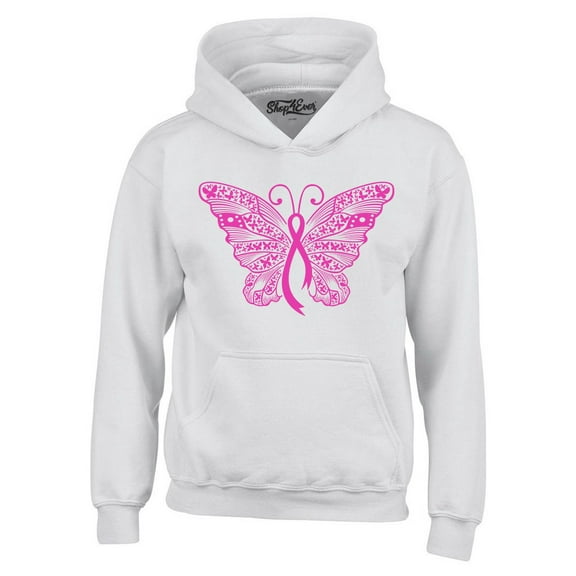 Shop4Ever Men's Pink Ribbon Butterfly Breast Cancer Awareness Hooded Sweatshirt Hoodie X-Large White