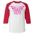 thumbnail image 1 of Shop4Ever Men's Pink Ribbon Butterfly Breast Cancer Awareness Raglan Baseball Shirt Small White/Red, 1 of 5