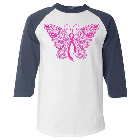 Shop4Ever Men's Pink Ribbon Butterfly Breast Cancer Awareness Raglan Baseball Shirt XX-LargeWhite/Navy