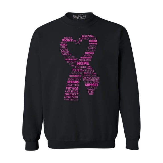 Shop4Ever Men's Pink Ribbon Heart Montage Word Cloud Breast Cancer Crewneck Sweatshirt XXX-Large Black