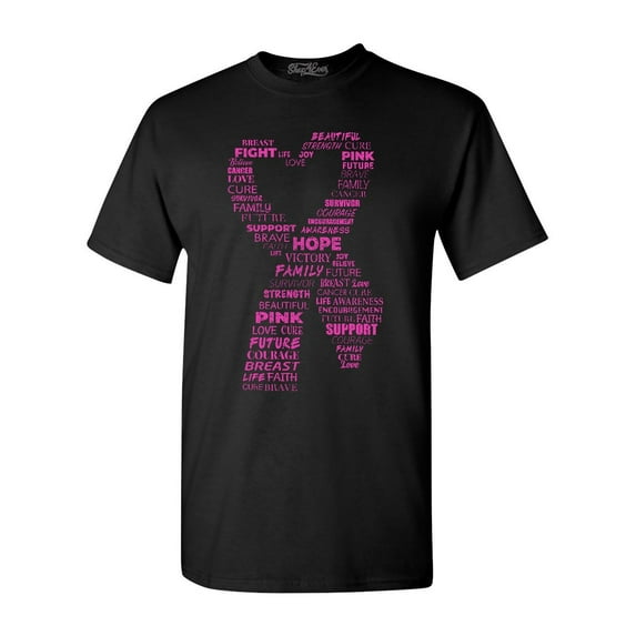 Shop4Ever Men's Pink Ribbon Heart Montage Word Cloud Breast Cancer Graphic T-shirt XXX-Large Black