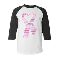 Shop4Ever Men's Pink Ribbon Heart Montage Word Cloud Breast Cancer Raglan Baseball Shirt Large White/Black