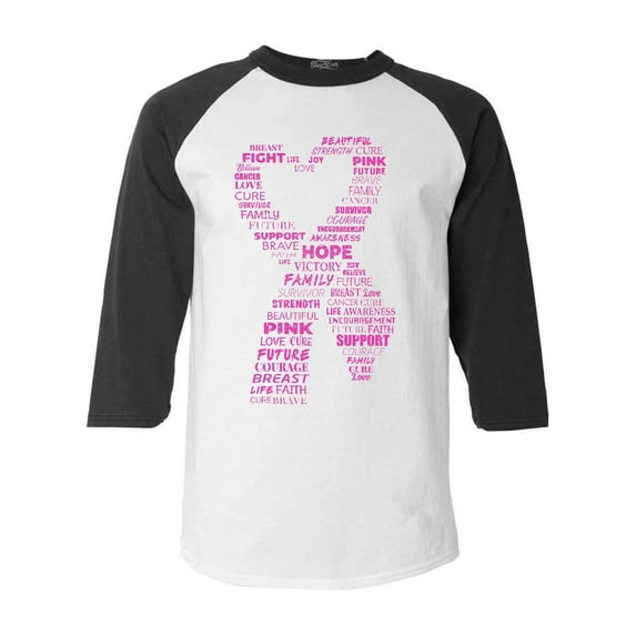Shop4Ever Men's Pink Ribbon Heart Montage Word Cloud Breast Cancer Raglan Baseball Shirt Large White/Black