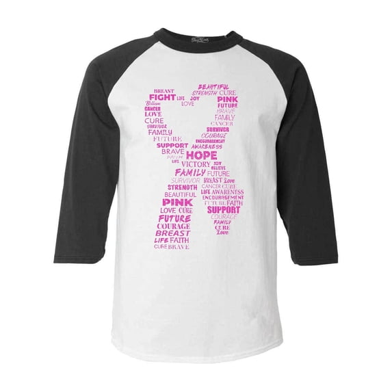 Shop4Ever Men's Pink Ribbon Heart Montage Word Cloud Breast Cancer Raglan Baseball Shirt X-Small White/Black