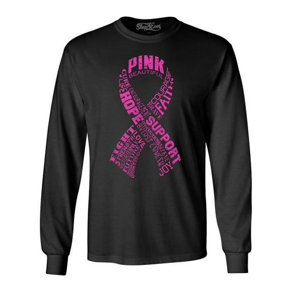 Shop4Ever Men's Pink Ribbon Montage Word Cloud Breast Cancer Long Sleeve Shirt 2XL Black