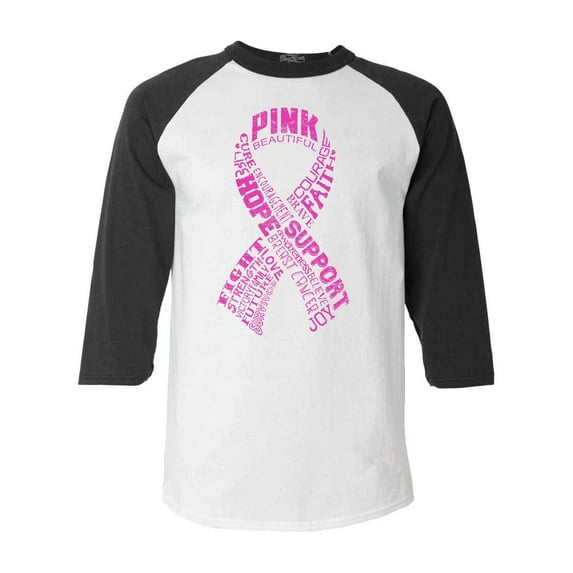 Shop4Ever Men's Pink Ribbon Montage Word Cloud Breast Cancer Raglan Baseball Shirt XX-LargeWhite/Black