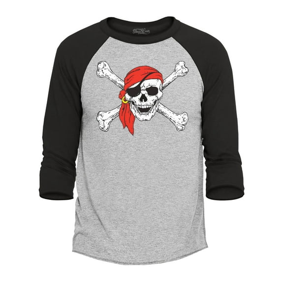 Shop4Ever Men's Pirate Skull and Crossbones Pirate Flag Raglan Baseball Shirt X-Small Heather Grey/Black