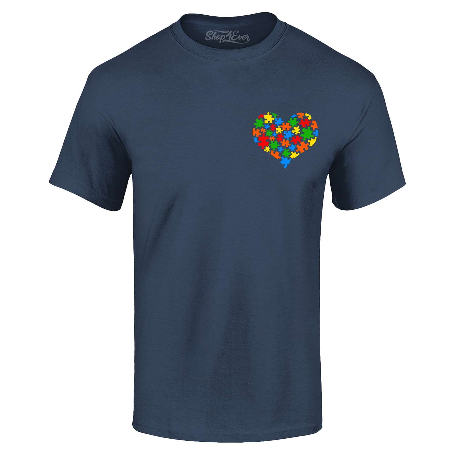 Shop4Ever Men's Pocket Size Puzzle Heart Autism Awareness Support Graphic T-shirt Large Navy