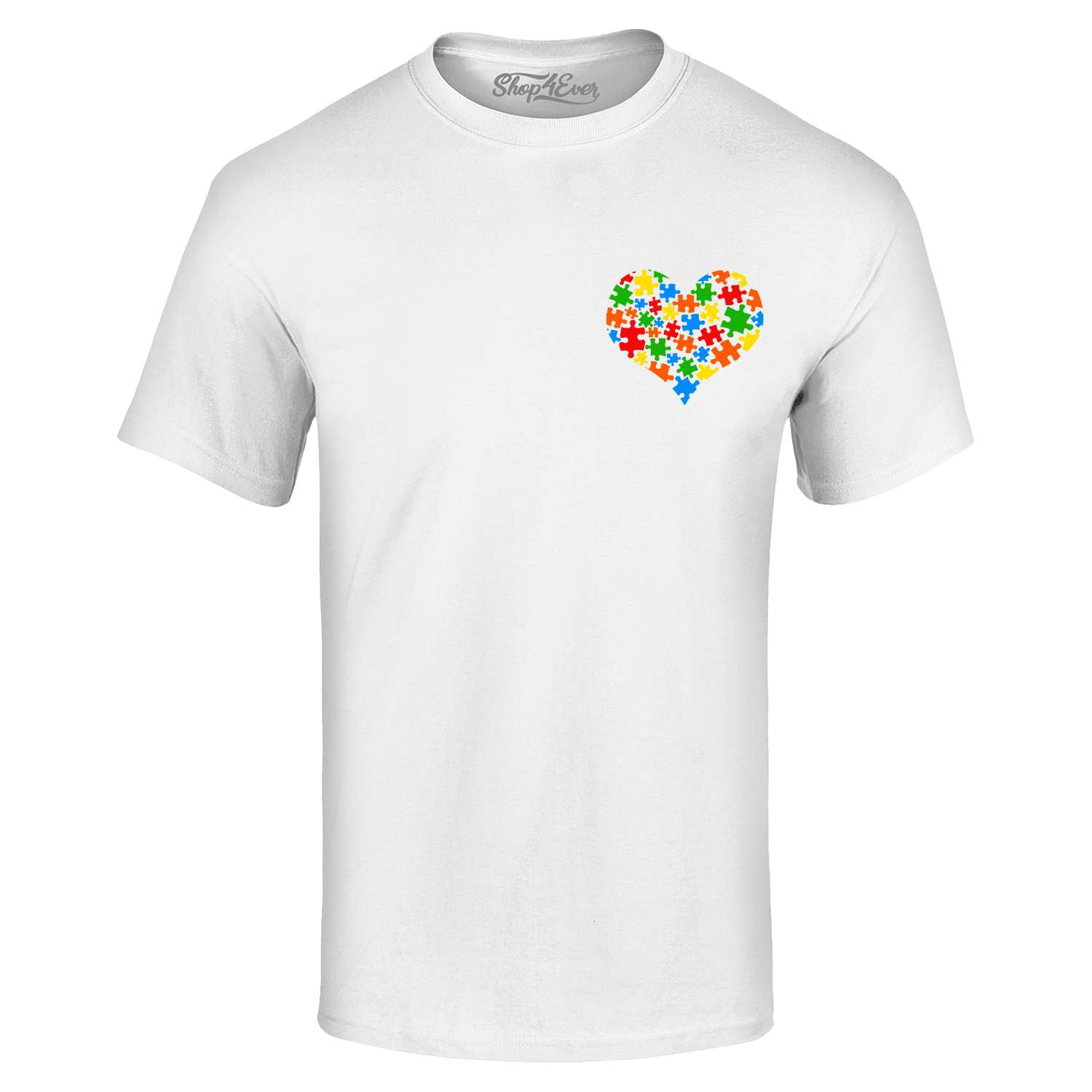 Shop4Ever Men's Pocket Size Puzzle Heart Autism Awareness Support Graphic T-shirt Large White