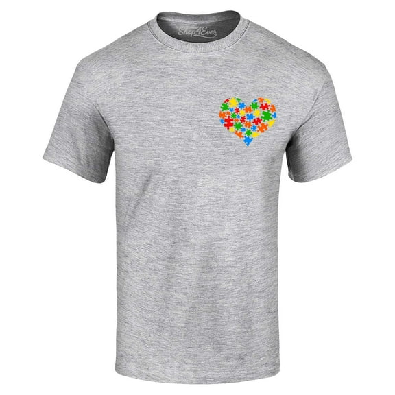 Shop4Ever Men's Pocket Size Puzzle Heart Autism Awareness Support Graphic T-shirt Medium Sports Grey