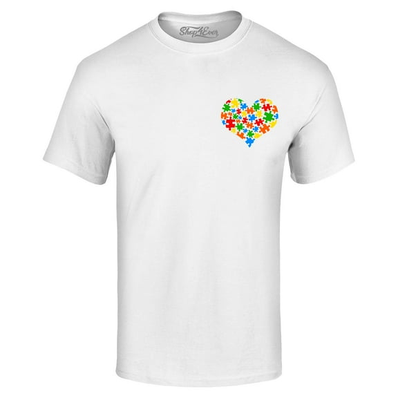 Shop4Ever Men's Pocket Size Puzzle Heart Autism Awareness Support Graphic T-shirt Small White