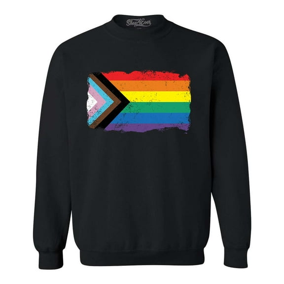 Shop4Ever Men's Progress Pride Flag Inclusive Rainbow Gay LGBTQ Crewneck Sweatshirt Large Black