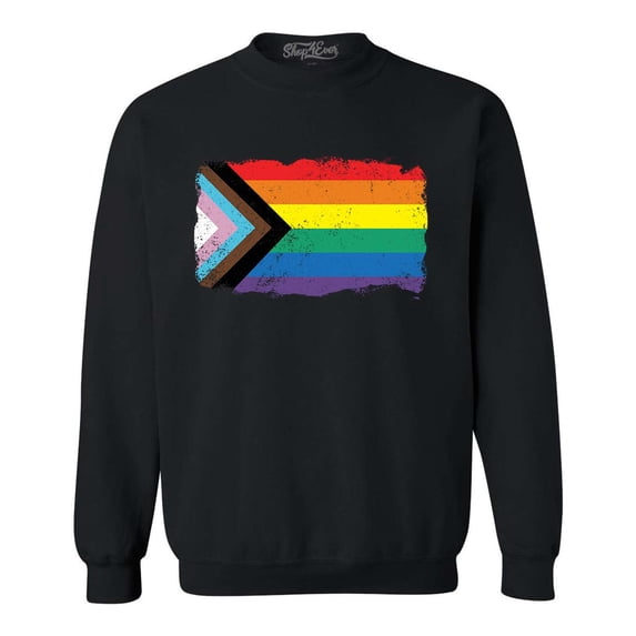 Shop4Ever Men's Progress Pride Flag Inclusive Rainbow Gay LGBTQ Crewneck Sweatshirt Medium Black