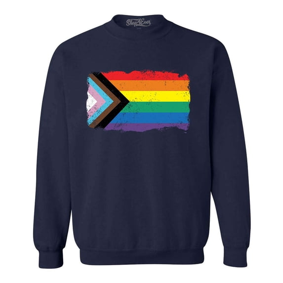 Shop4Ever Men's Progress Pride Flag Inclusive Rainbow Gay LGBTQ Crewneck Sweatshirt Medium Navy