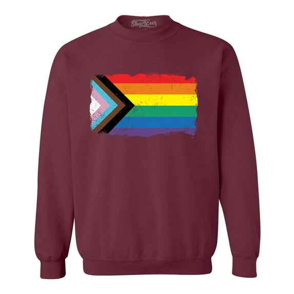 Shop4Ever Men's Progress Pride Flag Inclusive Rainbow Gay LGBTQ Crewneck Sweatshirt Small Maroon