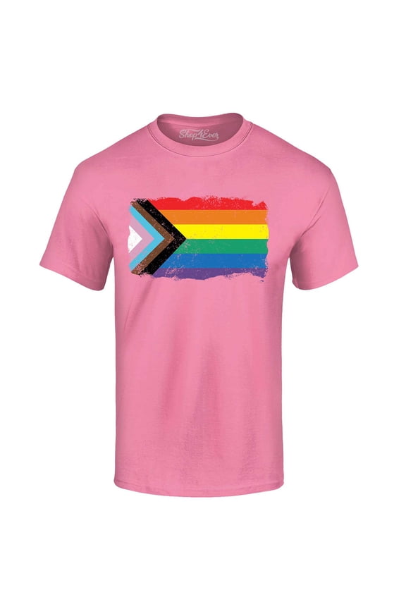 Men's Progress Pride Flag Inclusive Rainbow Gay LGBTQ Graphic T-shirt Medium Azalea Pink