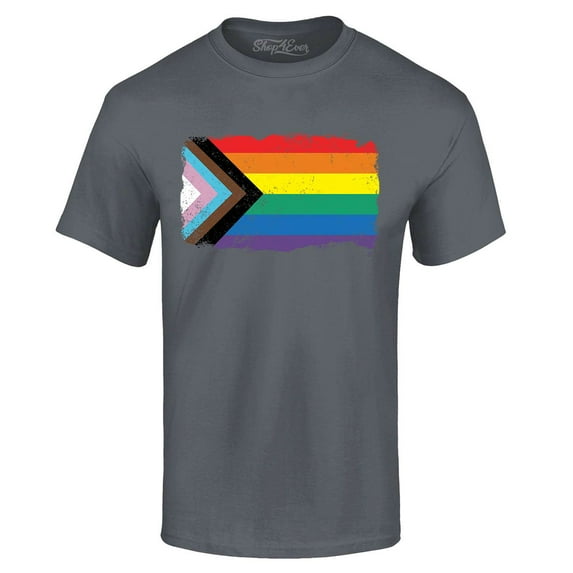 Shop4Ever Men's Progress Pride Flag Inclusive Rainbow Gay LGBTQ Graphic T-shirt X-Large Charcoal