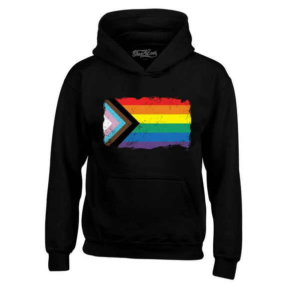 Shop4Ever Men's Progress Pride Flag Inclusive Rainbow Gay LGBTQ Hooded Sweatshirt Hoodie X-Large Black