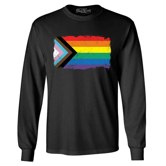 Shop4Ever Men's Progress Pride Flag Inclusive Rainbow Gay LGBTQ Long Sleeve Shirt 2XL Black