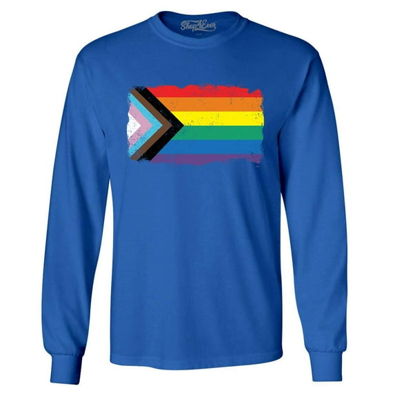 Shop4Ever Men's Progress Pride Flag Inclusive Rainbow Gay LGBTQ Long Sleeve Shirt Large Royal Blue