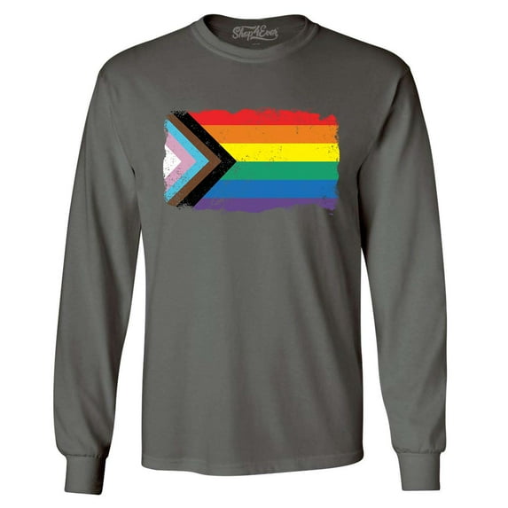 Shop4Ever Men's Progress Pride Flag Inclusive Rainbow Gay LGBTQ Long Sleeve Shirt XX-Large Charcoal