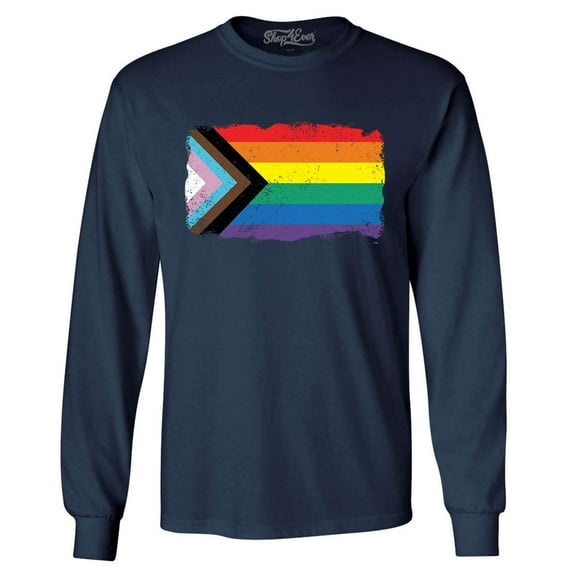 Shop4Ever Men's Progress Pride Flag Inclusive Rainbow Gay LGBTQ Long Sleeve Shirt XX-Large Navy