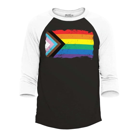 Shop4Ever Men's Progress Pride Flag Inclusive Rainbow Gay LGBTQ Raglan Baseball Shirt Large Black/White